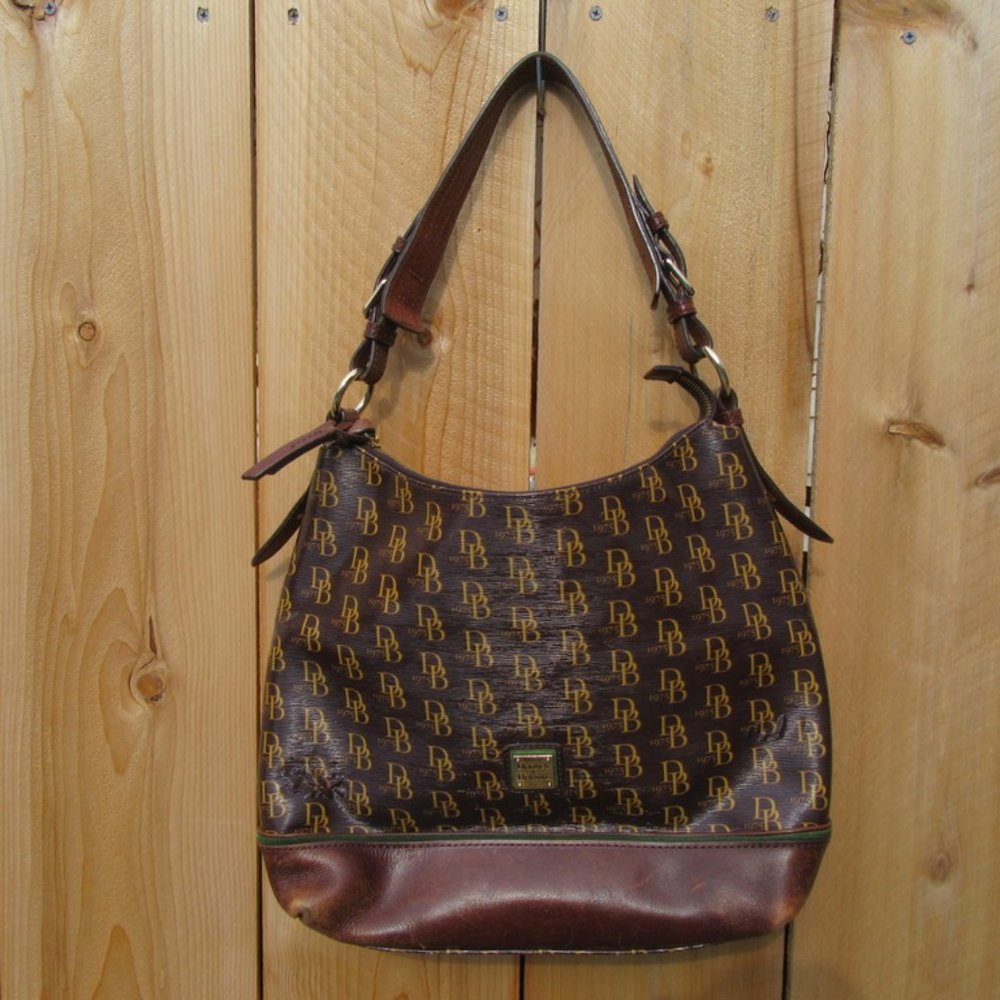 Dooney & Bourke DB Signature 1975 Print Brown Shoulder Bag Purse Satchel